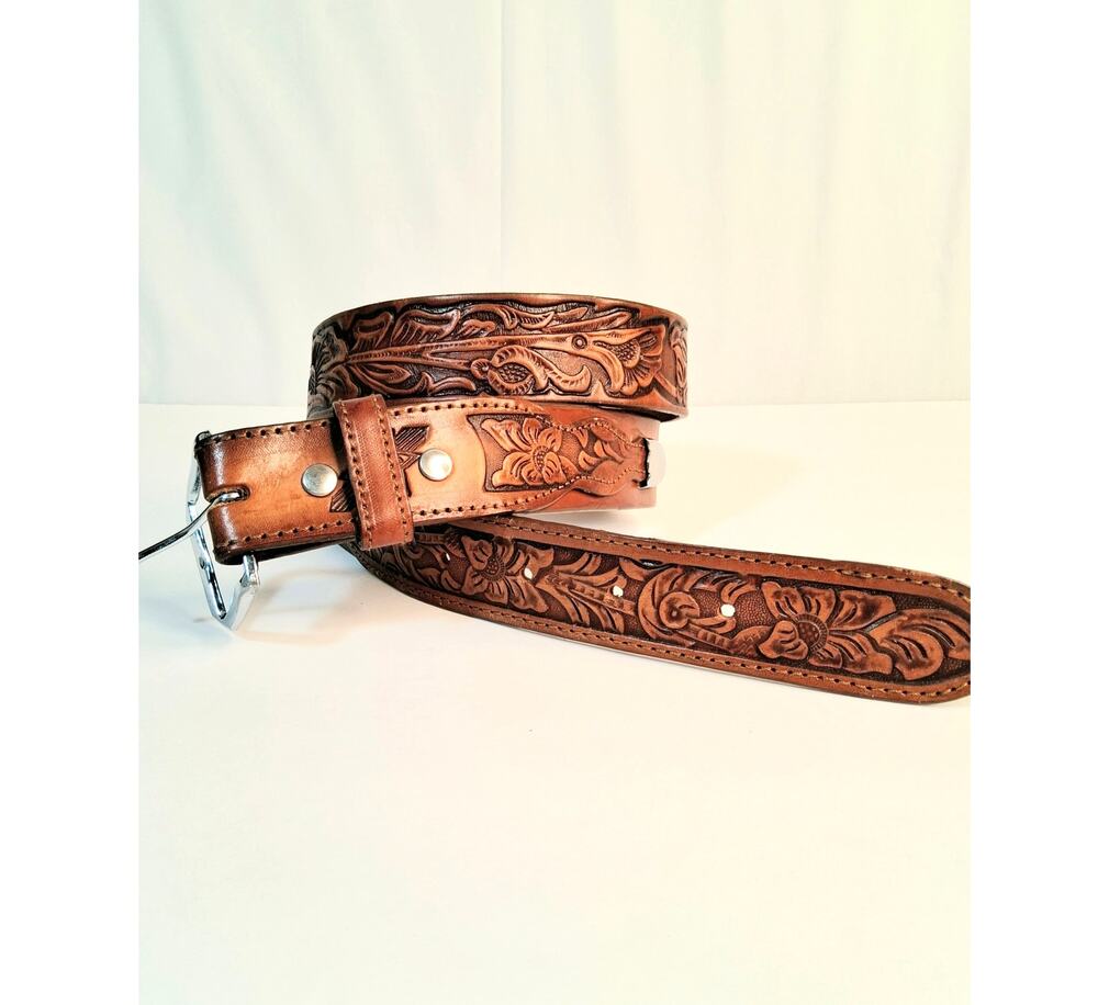 Mens Western Style Tan Belt Floral Embossed Tooled Leather Size 42